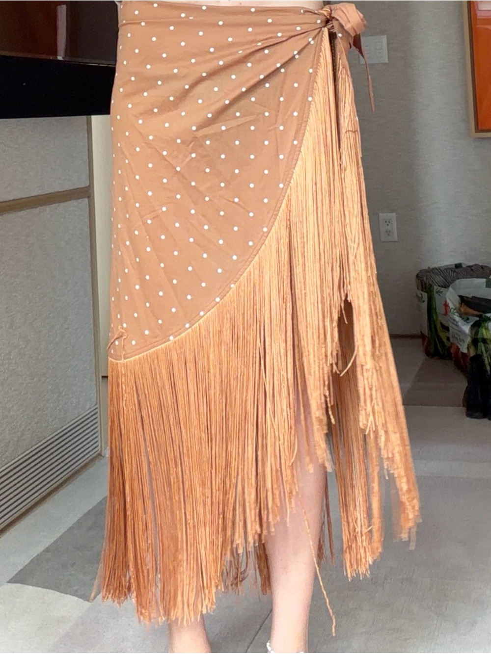 WeWoreWhat Terracotta Polka Dot Asymmetrical Fringe Wrap Skirt